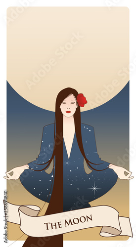 Major Arcana Tarot Cards. The Moon. Beautiful girl meditating in lotus position and full moon in the background. Constellation clothes, long dark hair and red flower in the hair.
