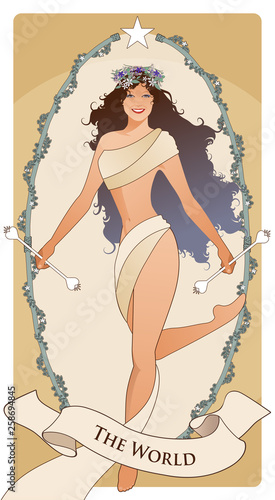 Major Arcana Tarot Cards.The World. Beautiful dancer girl, with long hair, dancing through a garland of flowers.