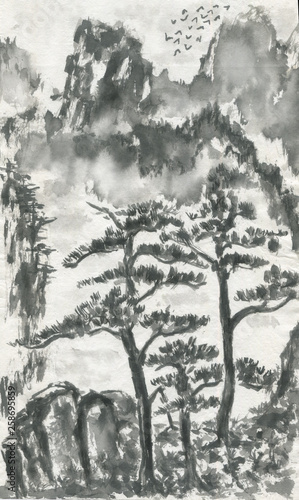 Chinese pines and mountain landscape in a fog . Watercolor and ink illustration in style sumi-e, u-sin, go-hua. Oriental traditional painting. Monochrome