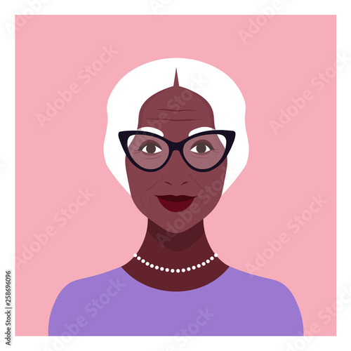 Portrait of an elderly African woman. Avatar for a social network. Diversity of nations and races. Vector flat illustration