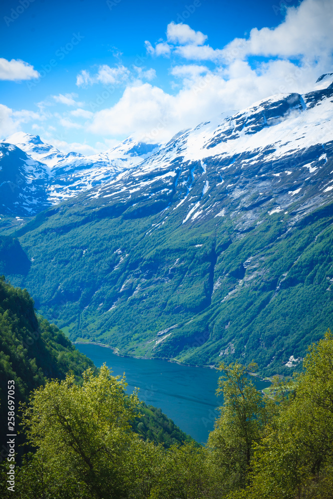 The majestic mountains of the Geirangerfjord in Norway.