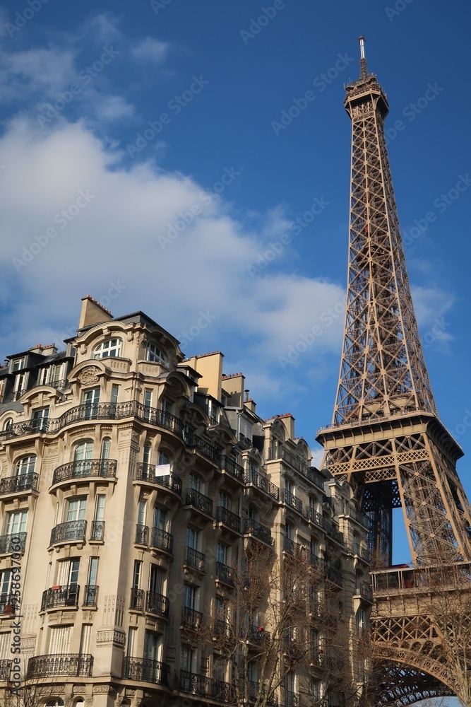 Fototapeta premium Immobilier à Paris, immeuble ancien haussmannien près de la tour Eiffel (France)
