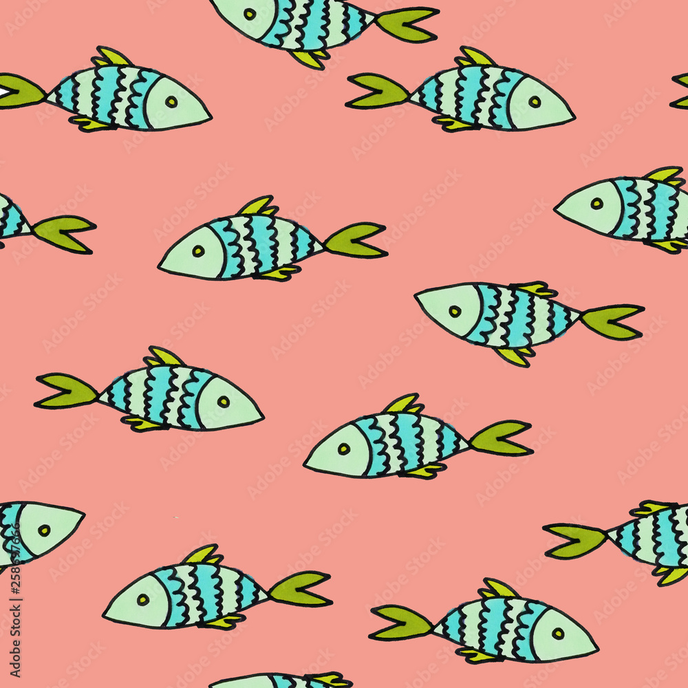 Fish seamless pattern. Child illustration. Print for fabric and other surfaces. Fish seamless pattern. Child illustration. Print for fabric and other surfaces.