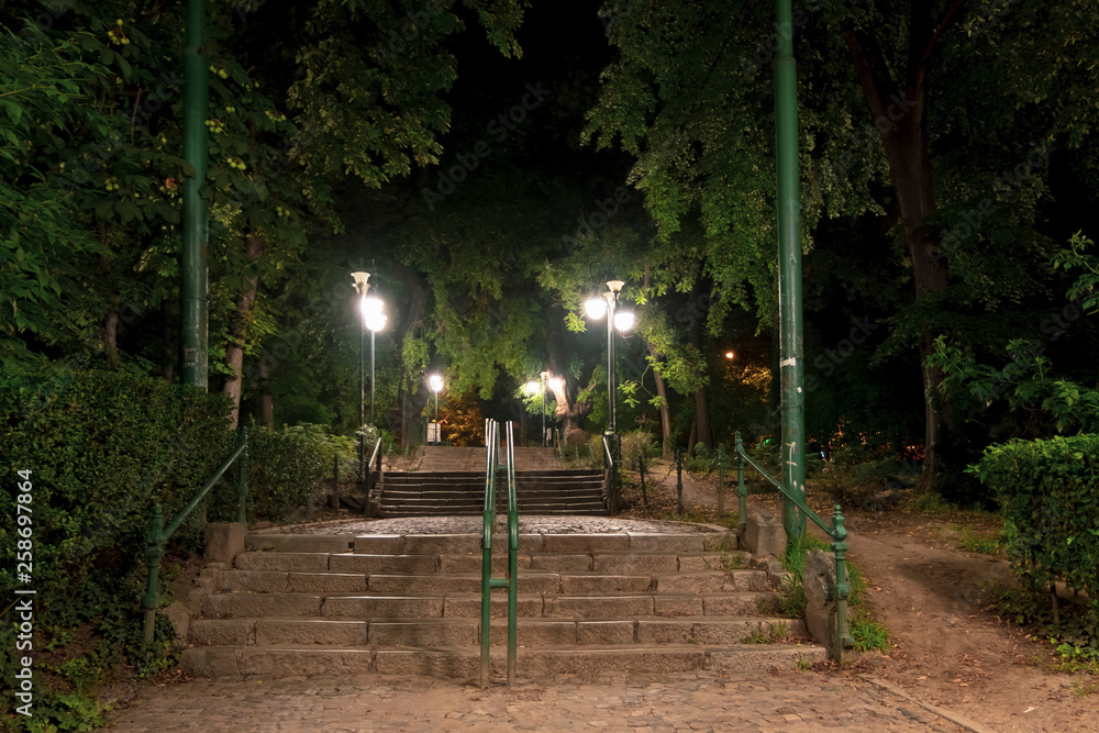 Obraz premium Night scene in Cismigiu Park, Bucharest, at the entrance from Stirbei Voda street