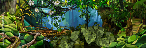 jungle background with lush tropical plants and trees