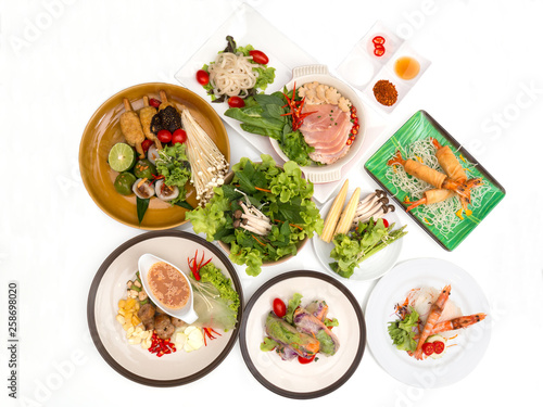 Various Vietnamese food arrange by top view on white background