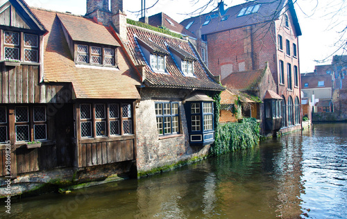 Houses near the canals of the river Reie in Bruges. Bruges is a wonderful, romatic city in Belgium, one of the Benelux countries in Europe.