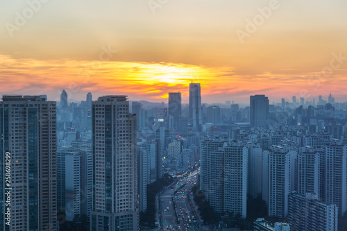 Sunset view of modern city skyline in Seoul, Korea