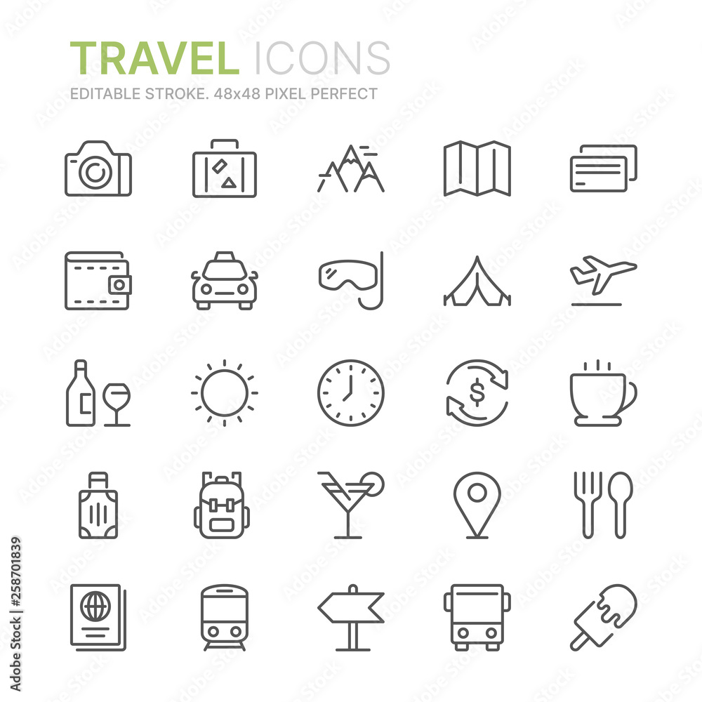 Fototapeta premium Collection of travel line icons. 48x48 Pixel Perfect. Editable stroke