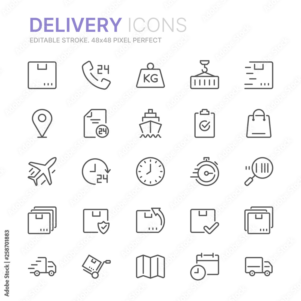 Collection of delivery line icons. 48x48 Pixel Perfect. Editable stroke Collection of delivery line icons. 48x48 Pixel Perfect. Editable stroke