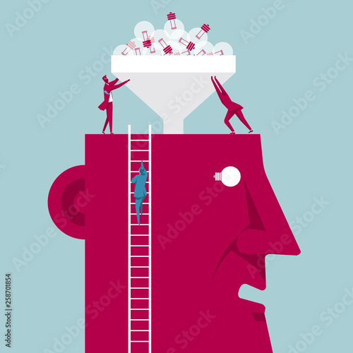 Teamwork concept. Two businessmen lifted the funnel. Instill wisdom.Isolated on blue background.