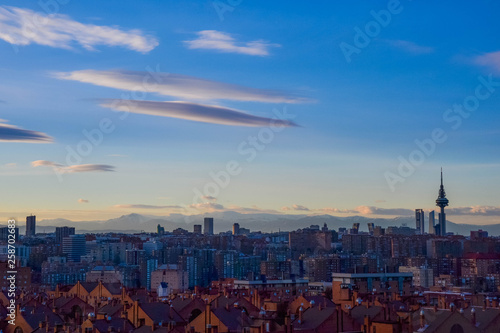 Madrid Skyline view From Cerro del Tio Pio (Siete Tetas Park) during the evening. Vallecas, Madrid, Spain photo