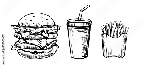 Hamburger, soda drink and french fries hand drawn in sketch style icons. restaurant or cafe vector elements.