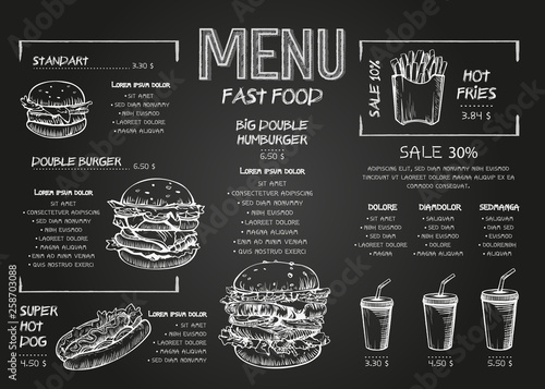 Burger menu poster design on the chalkboard elements. Fast food menu skech style. Can be used for layout, banner, web design, brochure template. Vector illustration.