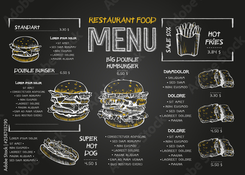 Restaurant Food Menu Design template with Chalkboard Background. Vintage chalk drawing fast food menu in vector sketch style.