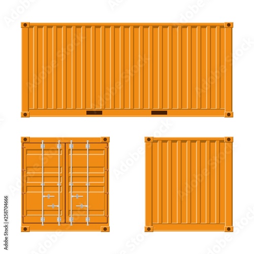 Yellow Cargo Container for shipping and sea export isolated on white background. Front, back and side view. Logistics and transportation Vector Illustration