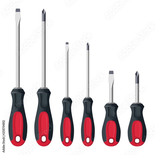 Realistic screwdrivers set isolated on white background. Hand tools for repair and construction. Small and large, Crosshead and flathead phillips screwdrivers, Vector illustration