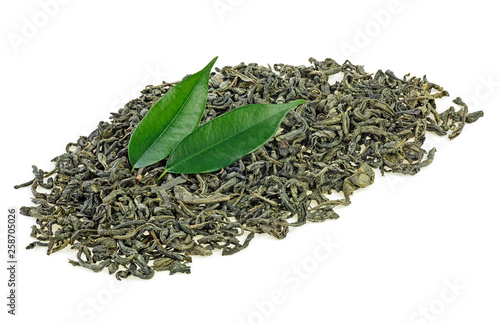 Pile of green tea and tea leaves isolated on white background