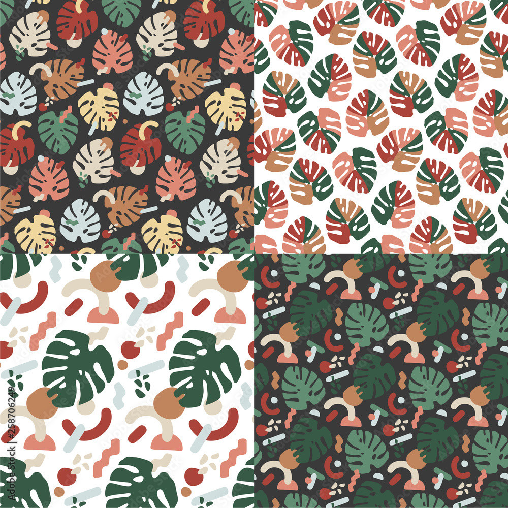 Set. Monstera leaf in seamless patterns. Vector illustration. Set. Monstera leaf in seamless patterns. Vector illustration.