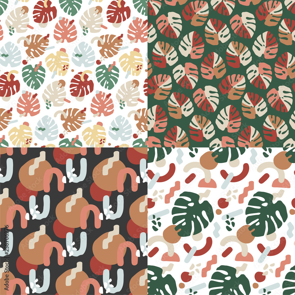 Set. Monstera leaf in seamless patterns. Vector illustration. Set. Monstera leaf in seamless patterns. Vector illustration.
