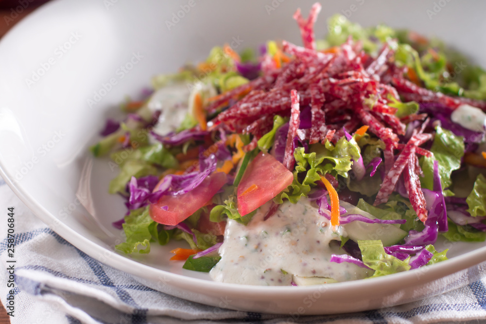 Mediterranean cuisine. Fresh salad with arugula, tomatoes, red cabbage, cucumber and yogurt sauce Mediterranean cuisine. Fresh salad with arugula, tomatoes, red cabbage, cucumber and yogurt sauce