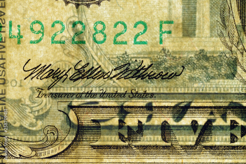 Close-up at Treasurer of the Untied States text, highly magnified surface of used 5 dollars note with visible details of cotton fiber paper, with all flaws, watermarks and traces of usage.