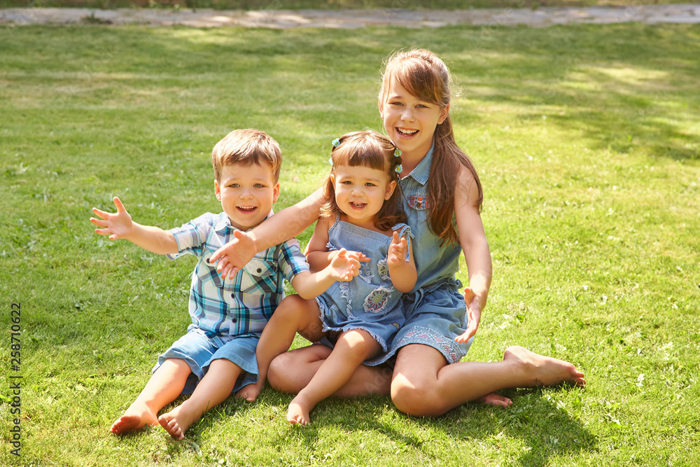 playful children outdoors in the summer on the grass in a backyard playful children outdoors in the summer on the grass in a backyard