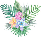 Watercolor illustration of tropical leaves and flowers
