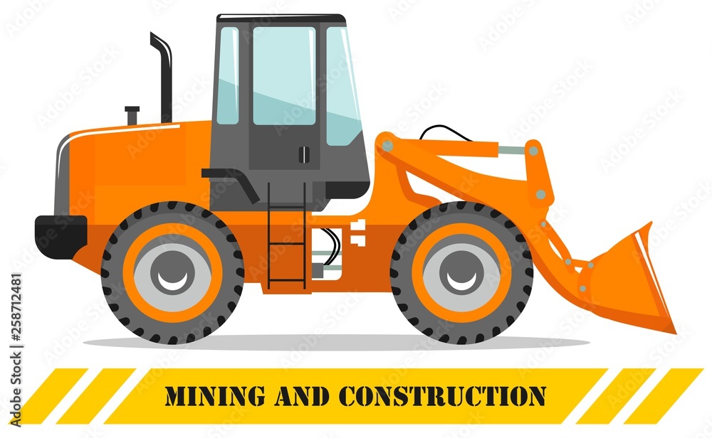 Wheel loader. Detailed illustration of heavy mining machine and construction equipment. Vector illustration.