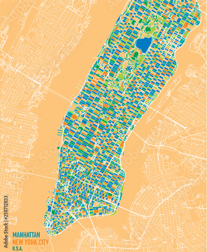 Satellite map of New York City, Manhattan Island. Neighborhoods and colored blocks. Streets and city center. Satellite view. Colorful poster map. Usa