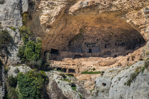 Caves were used as hide-outs by Byzantines and Arabs. Cava Grande del Cassibile Natural Reserve, Siracusa, Sicily, Italy. It has one of Europe’s biggest canyons