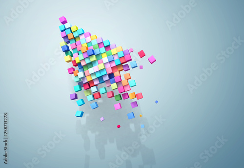 3D rendering crumbling cursor colorful pixel on wall. Patch inside for cubes isolated.