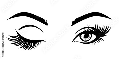 Vector illustration, with closed and open eyes with long eyelashes. 
