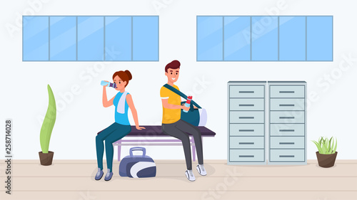 Rest after exercise in gym flat illustration