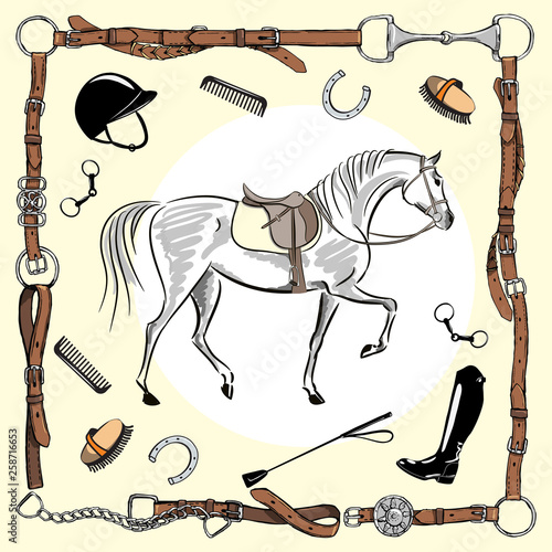 Horse equestrian riding gear tack tool in leather belt bridle frame on white. Vector saddlery set bit, whip, brush, horse shoe, riding boot, snaffle. Equine cartoon hand drawing background.