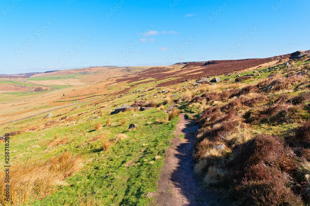 Narrow footpath across a hillside high in the Derbyshire Peak District.