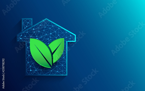 Green house icon from lines, triangles and particle style design. Illustration vector