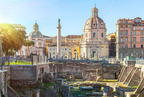Trajan's Column and Santa Maria di Loreto church, Rome, Italy