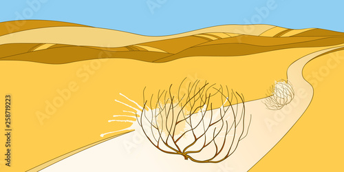 Rolling desert plant Tumbleweed on the background with panoramic desert horizon in orange and blue.