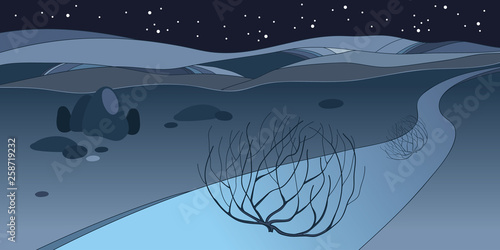 Rolling desert plant Tumbleweed on the background with night panoramic desert horizon in blue and black.