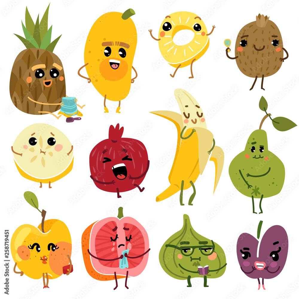 Cute fruits. Fruit funny characters, pineapple kiwi banana pear apple ...