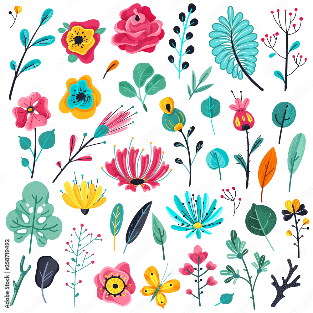 Obraz premium Summer flat flowers. Floral garden flowering plants, nature floral elements. Spring botanical vector set