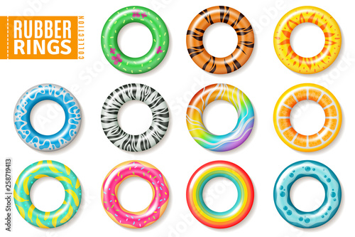 Rubber rings. Swimming inflatable kids toys, float colorful lifesaver ring. Realistic vector set