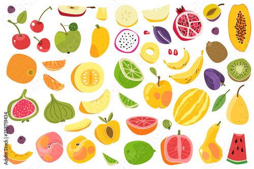 Fruits isolated. Cherry orange peach plum banana melon lime colorful fruit. Natural vegan food cartoon vector set