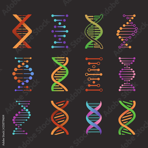 DNA icons. Biochemistry researching laboratory double helix symbols, gene model pictograms. Genetic code molecule vector emblems