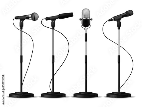 Microphones on stands. Stage standing microphones, studio mic for singing with counters. Concert audio equipment vector set