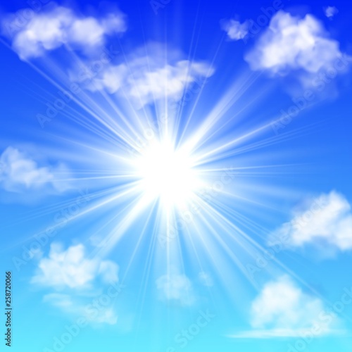 Sunny with clouds. Blue sky with white cloud and sun ray fluffy fog clouding isolated realistic vector banner © YummyBuum