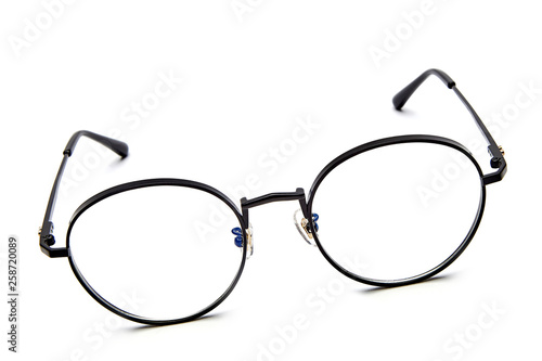 Black frame flat glasses white background