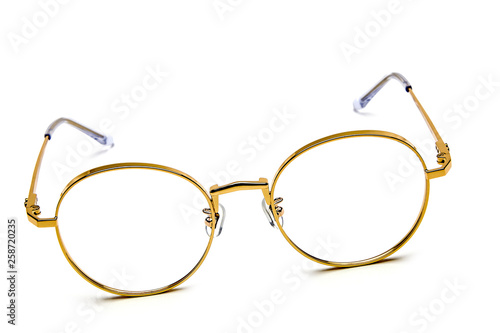 Golden border glasses on white background