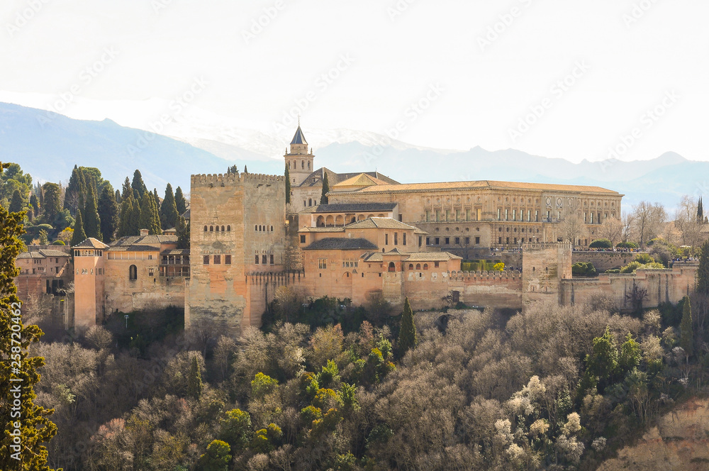 Panorama of the Palacios Nazaríes (Nasrid Palaces) and the Palace of Charles V of the Alhambra from Mirador de San Nicolás. Granada, Spain